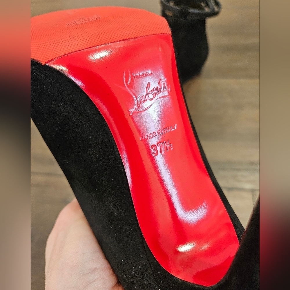 Christian Louboutin Diptic Black Peep-Toe Heels - Size 37 1/2 US 7.5-8 - Picture 13 of 16